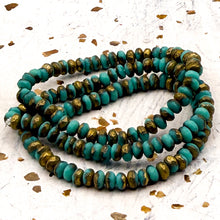 Load image into Gallery viewer, 3x2mm Rondelle Sea Green with Etched and Gold Finishes Bead Strand
