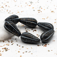 Load image into Gallery viewer, 22mm Black with a Gold Finish and a Grey Wash Melon Drop Czech Beads
