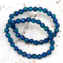 Load image into Gallery viewer, 6mm Emerald with Metallic Blue Finish and Blue Wash Faceted Melon Bead Strand
