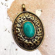 Load image into Gallery viewer, Oval Turquoise &amp; Brass Nepal Pendant
