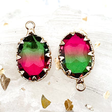 Load image into Gallery viewer, 19mm Oval Green/Pink Glass with Brass Charm Pair
