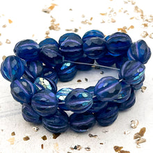Load image into Gallery viewer, 10mm Faceted Melon Blue Emerald with AB Finish and Metallic Turquoise Wash Bead Strand
