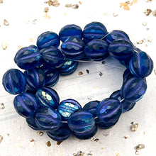 Load image into Gallery viewer, 10mm Faceted Melon Blue Emerald with AB Finish and Metallic Turquoise Wash Bead Strand
