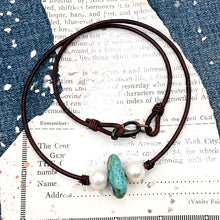Load image into Gallery viewer, Turquoise &amp; Pearl Leather Necklace - D

