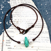 Load image into Gallery viewer, Turquoise &amp; Pearl Leather Necklace - E
