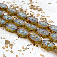 Load image into Gallery viewer, Transparent with Blue and Picasso Wash Kiwi Czech Bead Strand
