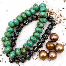 Load image into Gallery viewer, Large Hole Czech and Pearl Mix - Teal and Gold
