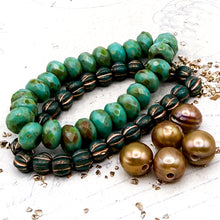 Load image into Gallery viewer, Large Hole Czech and Pearl Mix - Teal and Gold
