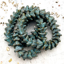 Load image into Gallery viewer, 5x8mm Bell Flowers Tea Green with a Turquoise Wash and Etched Finish
